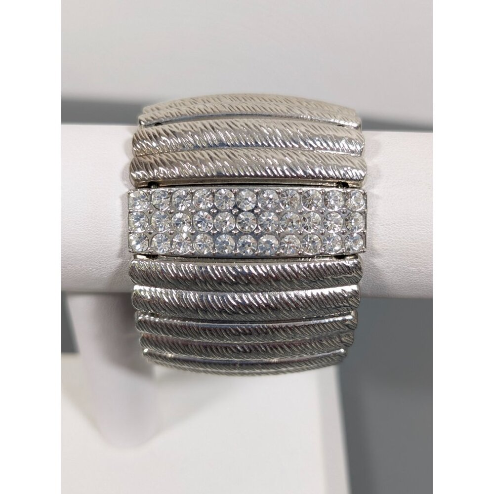 Wide Silver Tone Rhinestone Bracelet Textured Stretch Modernist 6.5 in
